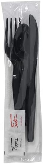 100 Plastic Cutlery Packets - Knife Fork Spoon Napkin Salt Pepper Sets | Black Silverware Sets Individually Wrapped Cutlery Kits, Bulk Plastic Utensil Cutlery Set Disposable To Go Silverware
