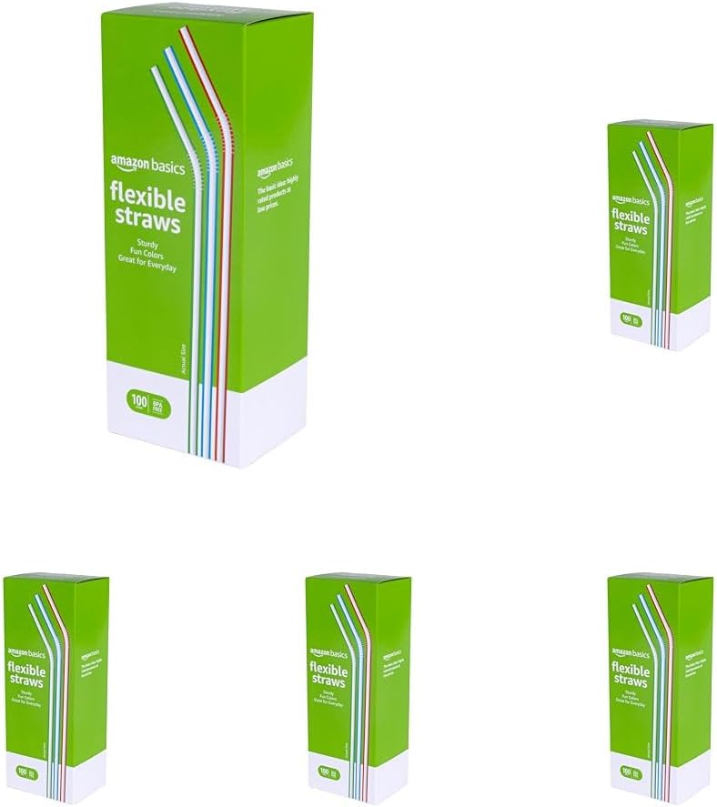 Amazon Basics Disposable Striped Plastic Flex Straws, BPA Free, Food-Safe, 7.5" Long, Assorted Colors, 100 Count