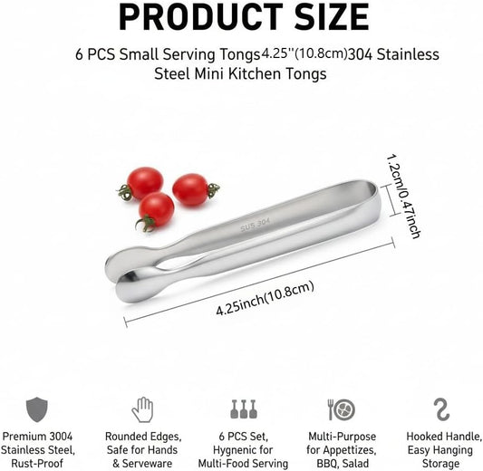 6 PCS Small Serving Tongs,Silver 4.2 Inch Kitchen Utensils for Appetizers, BBQ, Salad, Coffee Bar, Multi-Purpose 304 Stainless Steel Mini Tongs for Party & Catering Essential