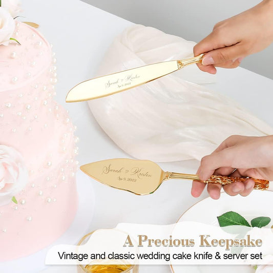 Wedding Cake Knife and Server Set, Personalized Gold Cake Cutting Set for Wedding, Engraved Classic Cake Knives Cutter Set, Pie Server, Birthday Bridal Quinceañera Gift (CUS-Flower)