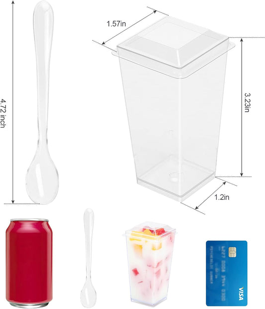 EASERCY 50 Pack 3 oz Square Mini Dessert Cups with Lids and Spoons Clear Dessert Shooter Cups with Spoons Parfait Cups with Lids Appetizer Cups for Party Small Plastic Dessert Cups for Pudding