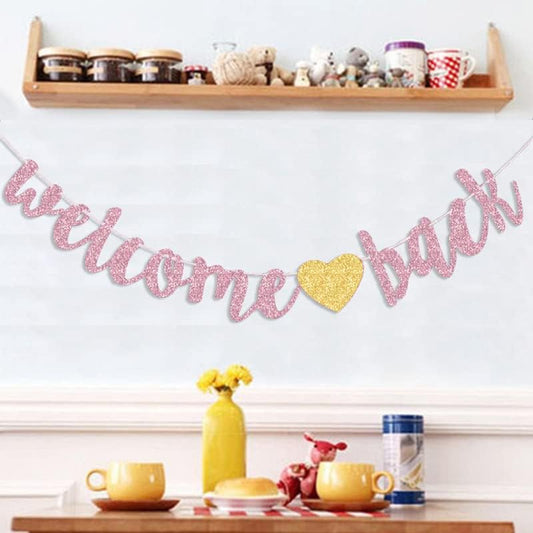 URYYRIT Welcome Back Banner Returning Home Party Paper Sign Teenager Homecoming Returning Home Retiring from The Army Decorations, Rose gold