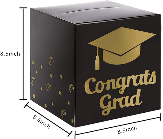 Graduation Card Box Holder, Congrats Grad Foldable Cardboard Decorations Box for Graduation Party Decoration and Grad Parties (Black)