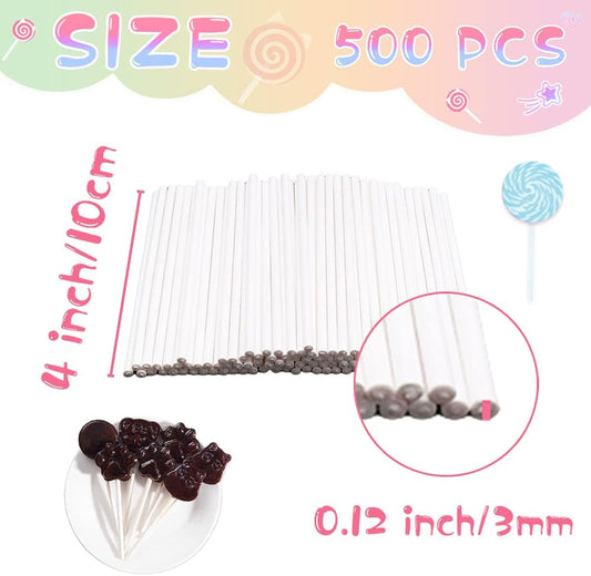 500PCS 4-Inch White Lollipop Sticks,Paper Sucker Stick,Cake Pops Stick for Candy Melt,Dessert,Cake Pops,Chocolate and Cookie(3mm)