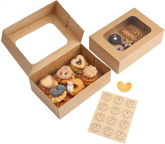 YEKTFS 24 Pcs Cookie Boxes with Window for Paper Gift Giving Brown Bakery Gift Boxes 9 x 6.3 x 3 Inch, Easy Estate Holiday Packaging for Cookie, Cupcaked, Donuts & Pastries