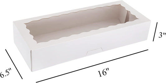 Tcoivs 30-Pack Bakery Boxes with Window 16" x 6.5" x 3", Cookie Boxes, Auto-Popup Long Treat Boxes for Cookies, Strawberries (White)