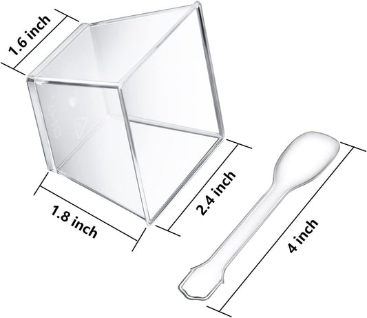 3.8 oz Plastic Dessert Cups with Spoons 50 Pack, Clear Square Mini Dessert Cups Appetizer Cups Parfait Cups Tumbler Cups for Mousse Puddings, Party Supplies