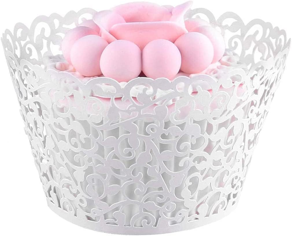 50 Pcs White Pearl Lace Laser Cut Filigree Wedding Cupcake Wrapper Baking Cake Cups Wraps Cupcake Muffin Case Trays for Special Occasions