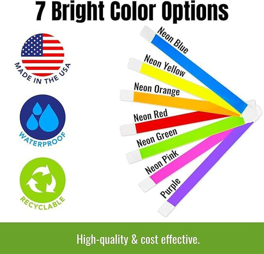 500 WristCo 5 Color Variety Pack Paper Plastic Wristbands for Events - Premium Water-Proof Tear Resistant Paper Bracelets ID Wrist Bands for Concerts Festivals Admission Party Identification