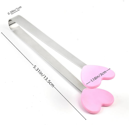 8PCS Mini Food Tongs, Small Stainless Steel Tongs with Silicone Tips, for Ice Cube, fruits, Sugar, Barbecue, 5.3 inch,8 Colors (Heart shape)