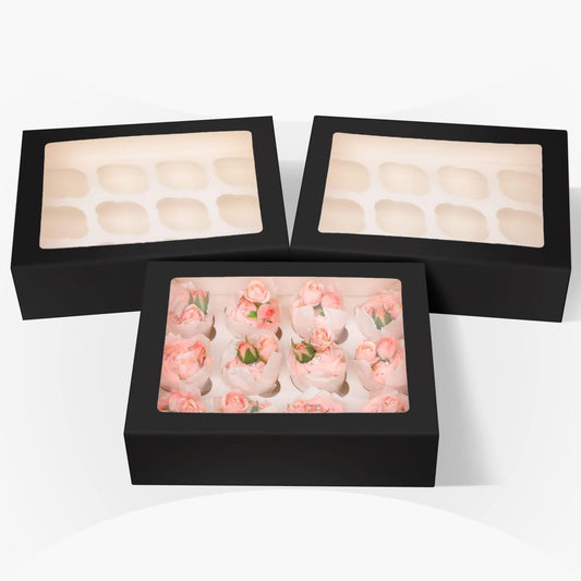 qiqee Auto-pop Up Cupcake Boxes with Window White 40PCS 12 Count Cupcake Box 13"x10"x3.5" Cupcakes Carrier, 12 Cupcake Containers with 2 rolls of pink ribbons