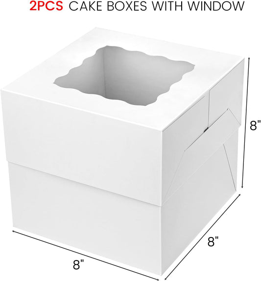 VGOODALL 2PCS Cake Boxes with Window, 8 x 8 x 8 Inches White Bakery Boxes Square Cardboard Cake Containers for Birthday Party Wedding…