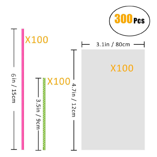 BEFORYOU 6 Inch Cake Pop Sticks Set Pack of 300, Each of 100 Pieces Parcel Bags, Colorful Treat Sticks, Colorful Metallic Wire for Lollipops Candies Chocolates and Cookies