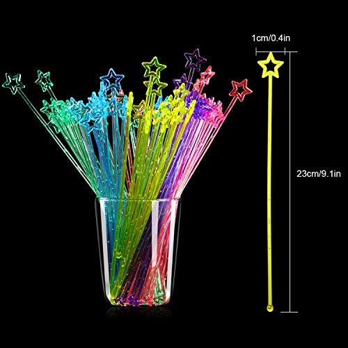 100 Pieces 9.1 Inch Swizzle Sticks Cocktail Stirrers Plastic for Bar Disposible Plastic Star Top Crystal Swizzle Sticks (Multicolor)