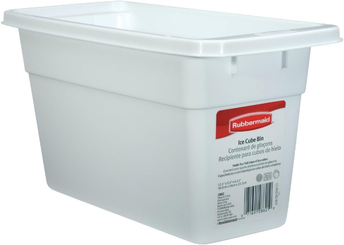 Rubbermaid Ice Cube Bin, White, Holds 4 Trays, Compact Design, Durable Plastic