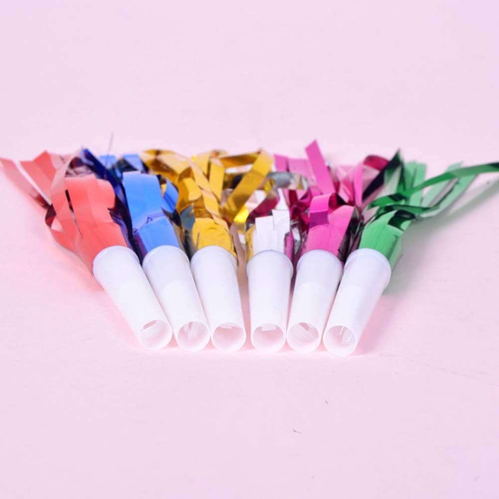24 Pcs Random Color Metallic Noise Makers Party Blowouts Whistles Glitter Fringe Noisemaker Party Supplies Blowouts Children Toy for Sport Games