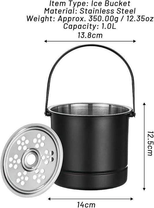 1L Ice Bucket, Metal Double Wall Ice Bucket with Filter Plate and Carrying Handle Stainless Steel Insulated Ice Bucket Golden for Cocktail Bar Wine Parties Champagne Bucket(14x13.8x12.5cm)