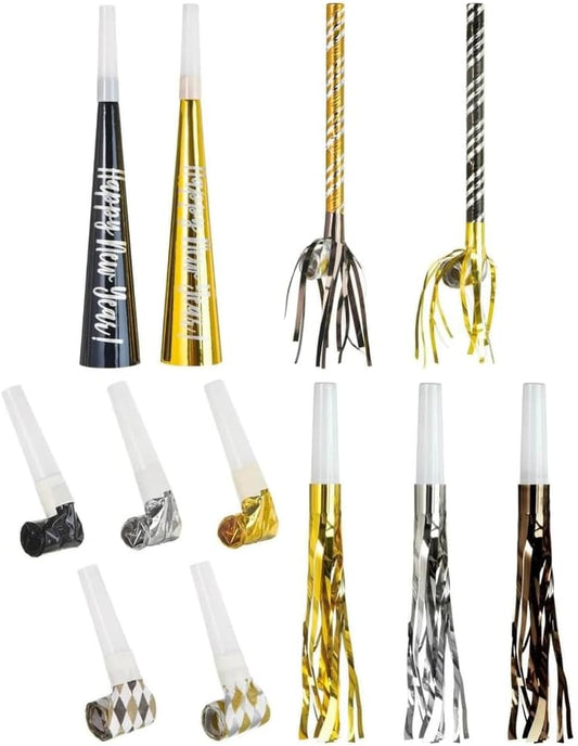 Black, Gold & Silver Party Horns & Blowouts Set - Perfect Party Supplies & Party Noise Makers for New Year's Eve, Graduation Parties, Birthdays & More, 3 Packs of 50