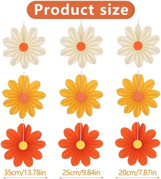 9 Pieces Wallpaper Fans with Orange Paper Flowers Party Decorations Birthday Parties Classroom Decorations Hanging Paper Fans Decor
