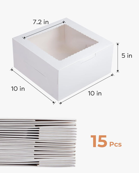 Kootek 15pcs Cake Boxes, 10x10x8 Inches Tall Cake Box with Window, White Bakery Boxes, Large Baking Boxes, Square Cardboard Cake Box for Multi-Layer Cakes, Cake Decorating Supplies for Gift Giving