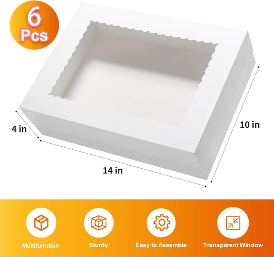 Wowxyz 14x10x4 Cake Boxes 6pcs Rectangle Quarter Sheet 1/4 Sheet Bakery Boxes with Window - Donuts, Pastry Baking Cake, Pie White Cardboard Treat Packaging