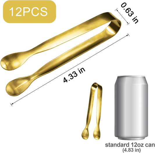 JCREN 12 Pcs Serving Tongs, Small Serving Utensils for Parties Catering Gold Tongs, Food-Grade 304 Stainless Steel Mini Appetizer Tongs for Tea Party Coffee Bar, 4 Inches - Gold