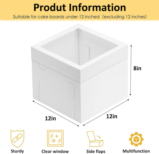 Moretoes 3 Pack Cake Boxes 12x12x8 Inch, Bakery Containers with Large Window, 12 Inch White Cake Carrier, Disposable Boxes for Birthday, Party, Cupcake Cookie Pie Pastry.