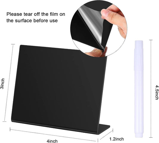 Outus 12 Pcs 4 x 3 Inches Buffet Food Labels Mini Small Chalkboard Signs White Acrylic Food Markers Little Price Signs with 2 Pcs Erasable Marker for Wedding Birthday Bakery Table Display