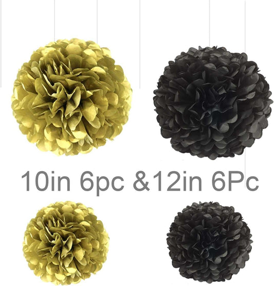 Black and White Tissue Paper Pom Poms Hanging Tissue Flowers Poms Decorations Pack of 12 for Wedding, Birthday,Party Backdrop Decor ect. (12", 10",Tissue Paper Flowers)