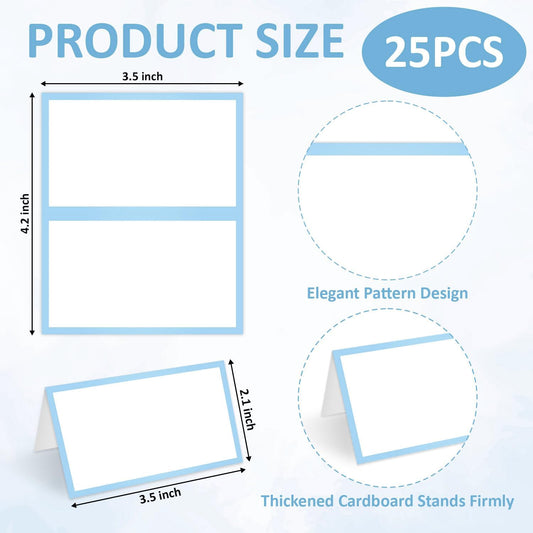 25 Pcs Dusty Blue Border Place Cards, Blank Tent Name Cards for Food Buffet, Dinner Party, Wedding Reception, Bridal Shower Table Setting -01