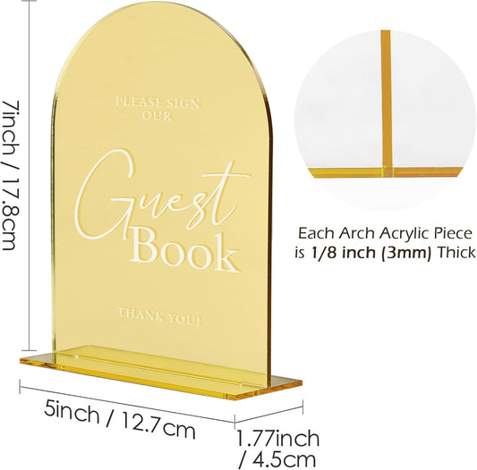 Acrylic Wedding Sign with Stand- 5"x7" Gold Mirror Arched Guest Book Signs and Base,1/8" Thick | Modern Calligraphy White Lettering Gold Arch Acrylic Table Sign for Wedding Reception & Party