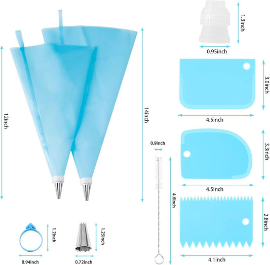 Piping Bags and Tips Set, Reusable Cake Decorating Kit with 24 Stainless Steel Icing Tips,2 Reusable Silicone Piping Bags,2 Couplers,3 Scrapers, Bag Ties & Brush for Baking, Cookie Icing and Cupcakes
