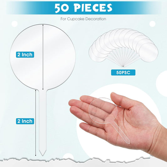 Roowest 50 Pieces 2 Inch Round Acrylic Cupcake Toppers Blank Clear Mini DIY Cake Stick Toppers for Birthday Festival Party Baby Shower Wedding Party Cupcake Decoration