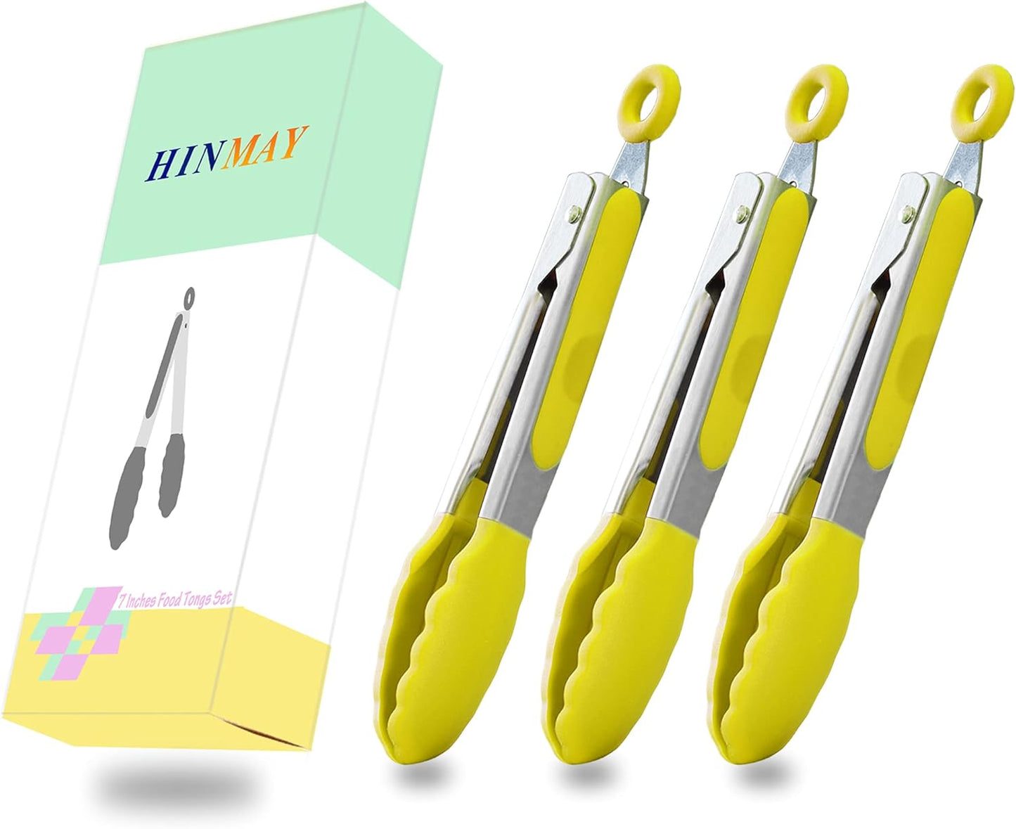 HINMAY Small Silicone Tongs 7-Inch Mini Serving Tongs, Set of 3 (Black Gray White)