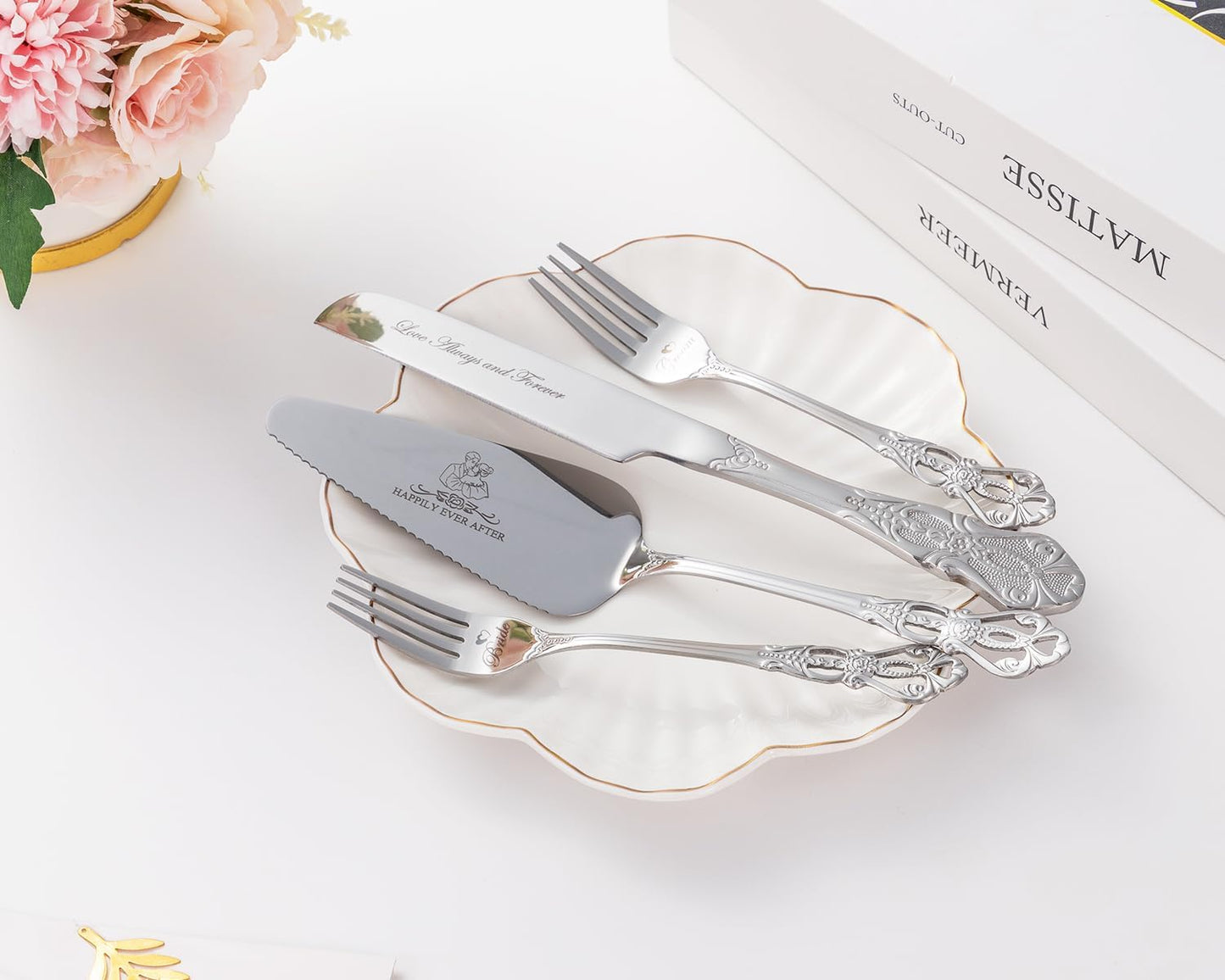 Wedding Cake Knife and Server Set, Mr and Mrs Champagne Flutes with Gold Cake Cutting Set for Wedding Bridal Shower Gifts