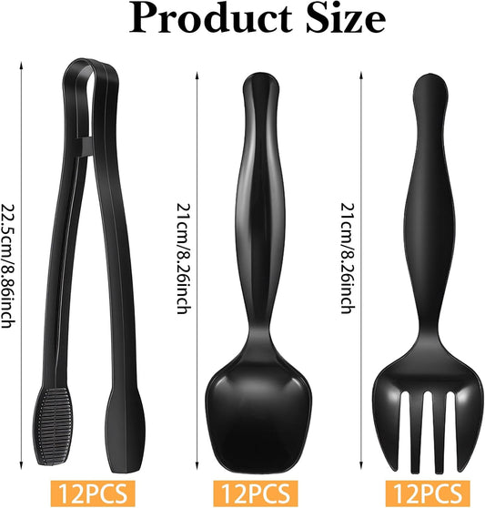 36 Pcs Plastic Serving Utensils Set, Black Disposable Utensils Including 8.3 Inch Spoons 8.5 Inches Forks 9 Inch Tongs for Buffet, Party, Restaurant, Weddings, Picnic