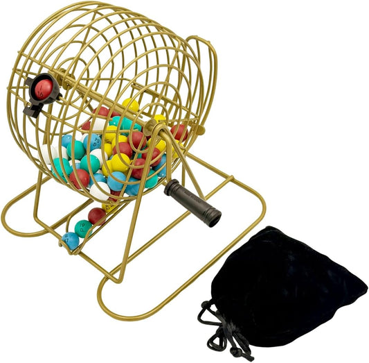 JUNWRROW Deluxe Bingo Game Set with Storage Bag- Includes 6-Inch Antique Gold Rotary Cage,75 Calling Balls,100 Mixed Cards,1000 Colorful Chips, Master Board&Carry Bag for Family Party,Large Groups