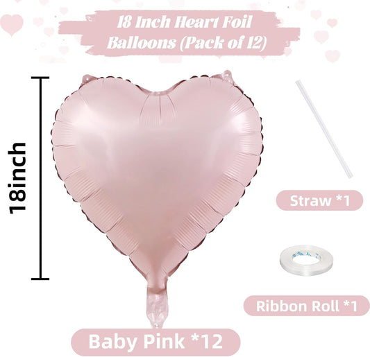Pink Mixed Heart Balloons, 18 Inch 12 Pcs Hot Pink Foil Heart Shape Balloons, Light Candy Color Love Balloon, Sweet Theme Party Decorations for Girls Women Birthday Wedding Valentines Baby Shower - Colors B