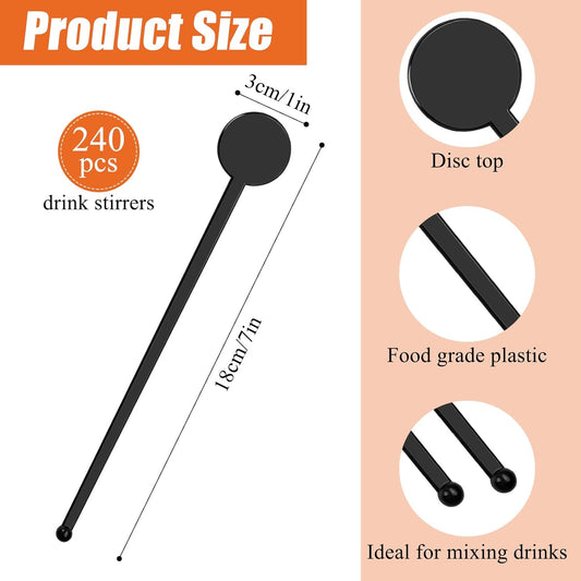 240Pcs Drink Stirrers Cocktail, 7 Inches Disposible Plastic Swizzle Sticks with Disc Top, Mixing Rod for Bar Drinks,Wedding Drinks,Coffee Stir,Whiskey Beverage(Black)