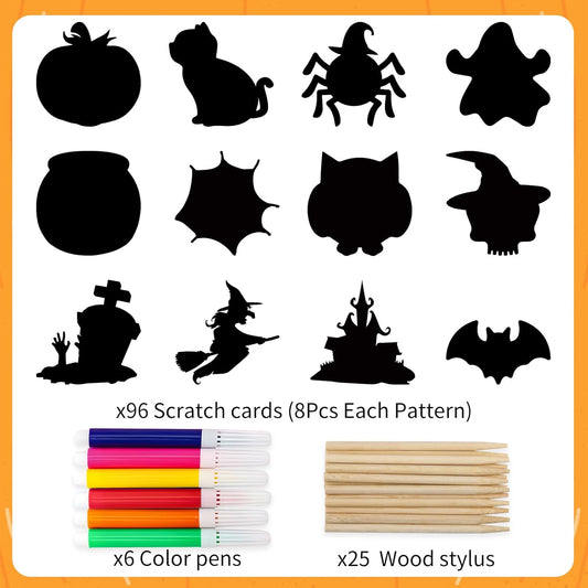 Natonhi Halloween Crafts Scratch Art, 96PCS Halloween Games Magic Rainbow Scratch Paper Off Cards Set for Sudent Classroom Activities Crafts Party Favors