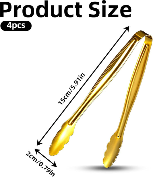 Mini Food Serving Tongs - 4pcs Gold Small Stainless Party Dessert Tongs Buffet Supplies Tong for Ice Sugar Cube Salad Appetizers