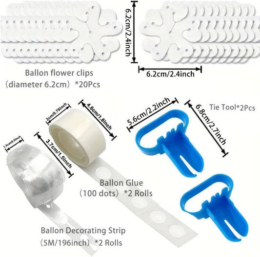 PayPie 20 Pcs Balloon Flower Arch Clips, 32Ft Balloon Tape Strip, 200 Pcs Glue Point Dots Tape, 2 Pcs Tying Tool, Unisex, White, Balloon Arch Kit for Birthday Parties