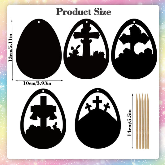 Qpout 27 Packs Easter Eggs Scratch Art Cards,Jesus Cross Magic Rainbow Scratch Off Cards Hanging Ornaments Craft for Religious Sunday School Activity Easter Party Supplies