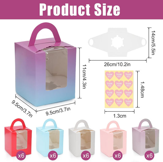 Zoyiancy 36PC Individual Cupcake Boxes, Single Cupcake Container with Window Insert and Handle, Colorful Cupcake Holders Portable Cupcake Carriers for Muffin, Dessert, Wedding, Birthday Party