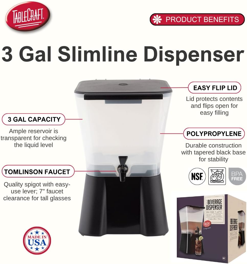 TableCraft H953 3-Gallon Beverage Dispenser Black And Clear