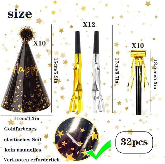 JOYEONDEF 30 Pcs Gold Birthday Party Hats Cone Hats Includes 8 Birthday Paper Hats and 22 Noise Makers