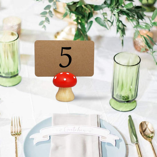 8Pcs Cute Wood Place Card Holders and 40Pcs Kraft Place Cards, MINI Mushroom Table Number Holders, Food Labels for Buffet, Name Card Photo Picture Holders for Harvest Fall Thanksgiving Wedding Party