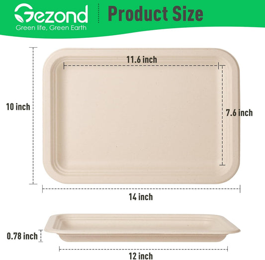 Gezond 50 Pack 14 Inch Disposable Food Trays Eco-friendly Heavy-Duty Large Paper Plates Compostable Sugarcane Platters for Crawfish Lobster Seafood Party Natural