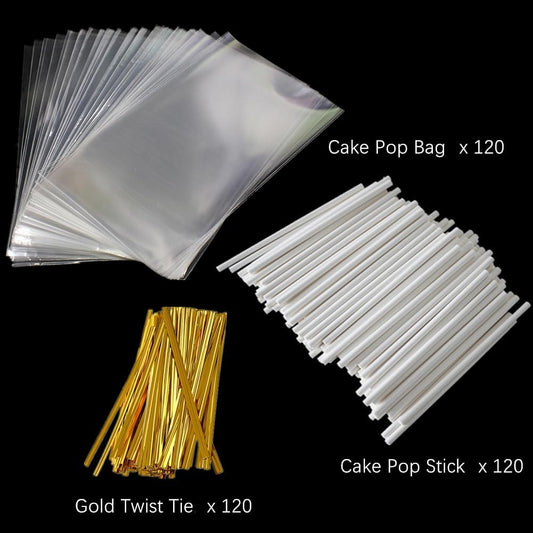 360 PCS Cake Pop Sticks and Wrappers Ties Kit, Including 120ct 6-inch Paper Lollipop Sticks, 120ct Cake Pop Parcel Bags, 100ct Silver Twist Ties for Candy Making Packaging Supplies