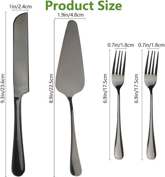 Cake Knife and Server Set with 2 Forks, Cake Cutting Set for Wedding with Gift Box, Stainless Steel Cake Cutter and Pie Server for Birthday Party Anniversary (Black)